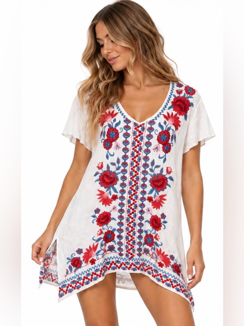 Johnny Was Workshop Bohemian Boho White Floral Embroidered Tunic Top Summer S